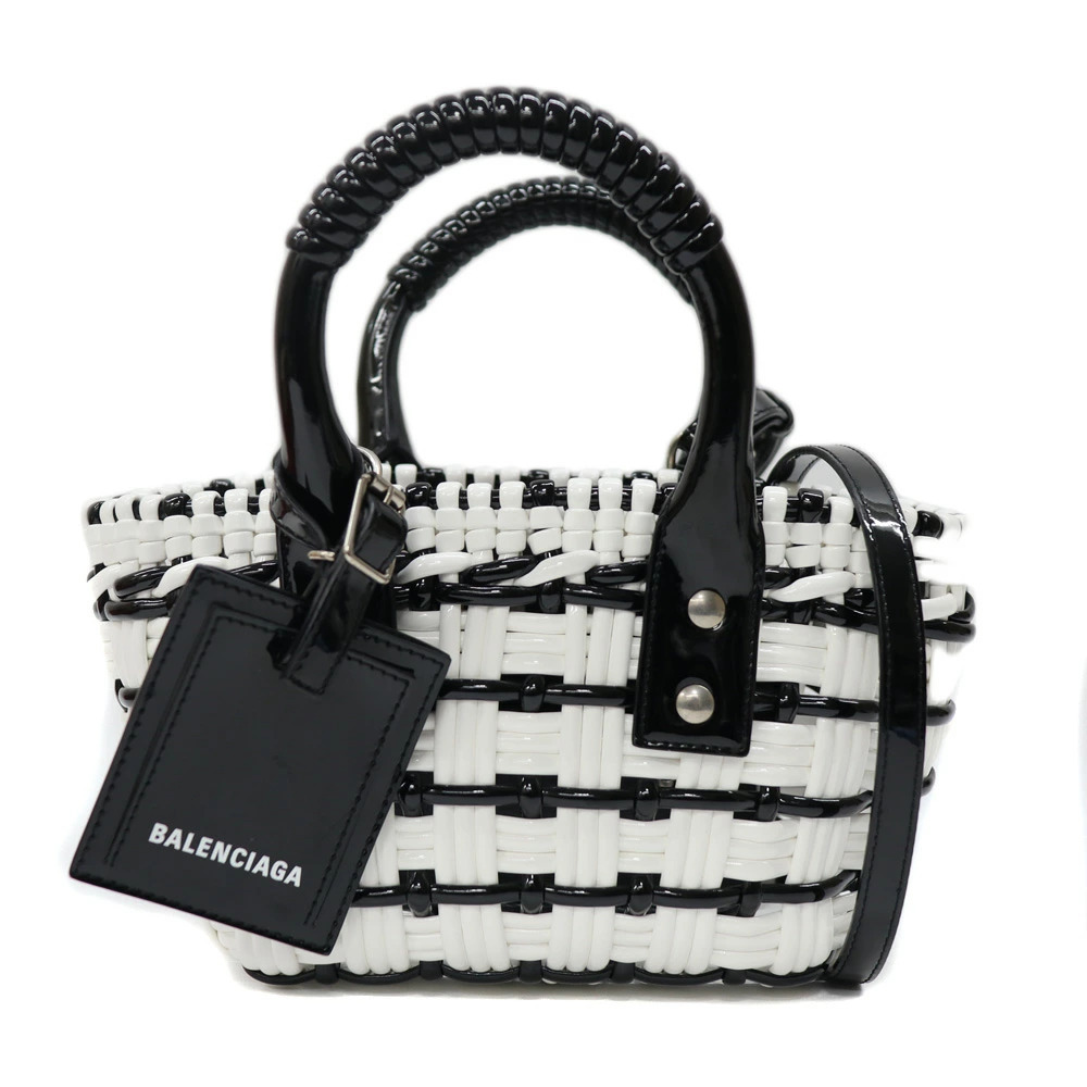 Balenciaga Bistro XXS Basket Tote Bag white black woven patent leather
